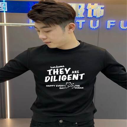 秋冬款潮流百搭休闲简约字母宽松时尚打底衫长袖圆领男士加绒卫衣