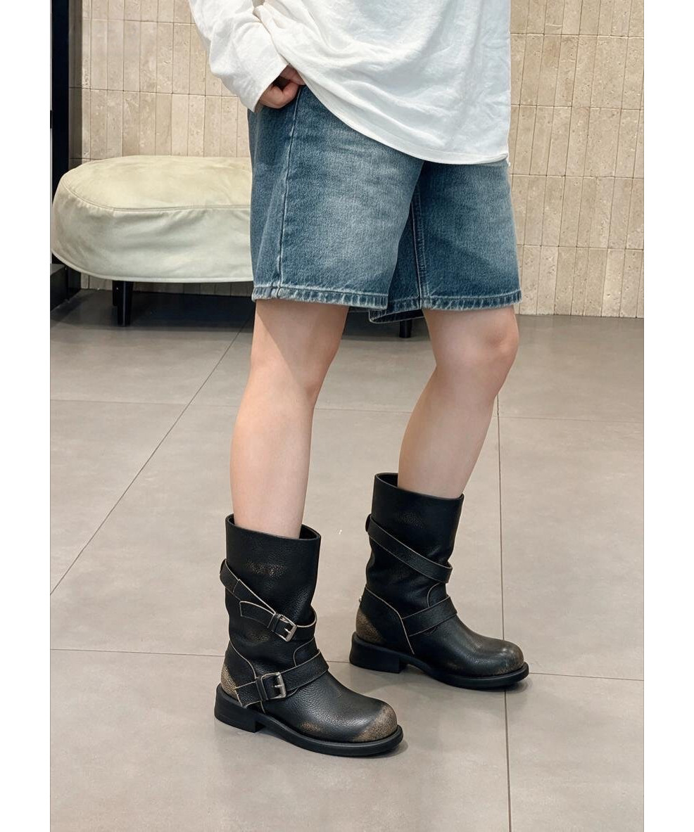 苏与秋季真皮机车西部女中筒靴