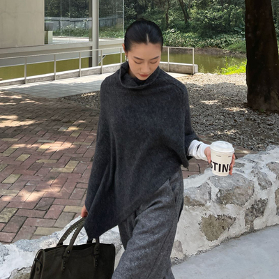 PURITYYH秋冬毛衣披肩灰色慵懒风气质叠穿羊毛针织衫套头上衣斗篷