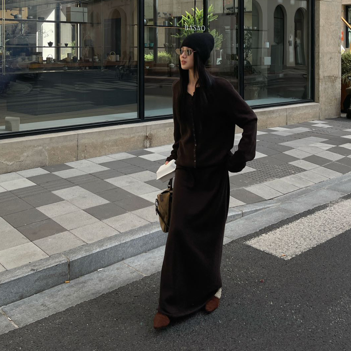 PURITYYH慵懒风休闲套装女冬季圆领上衣外套百搭半身裙长裙两件套