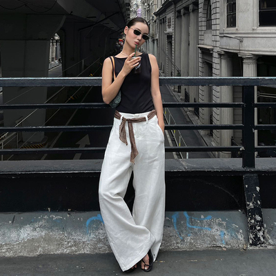 PURITY YH 小众简约白色气质时尚休闲裤阔腿百搭高腰直筒长裤女