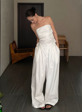 PURITY小众简约白色时尚百搭夏季女长裤慵懒感抹胸上衣休闲裤套装