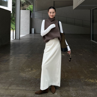 PURITYYH韩系极简白色羊毛呢半身裙女冬遮胯显瘦长裙休闲A字半裙