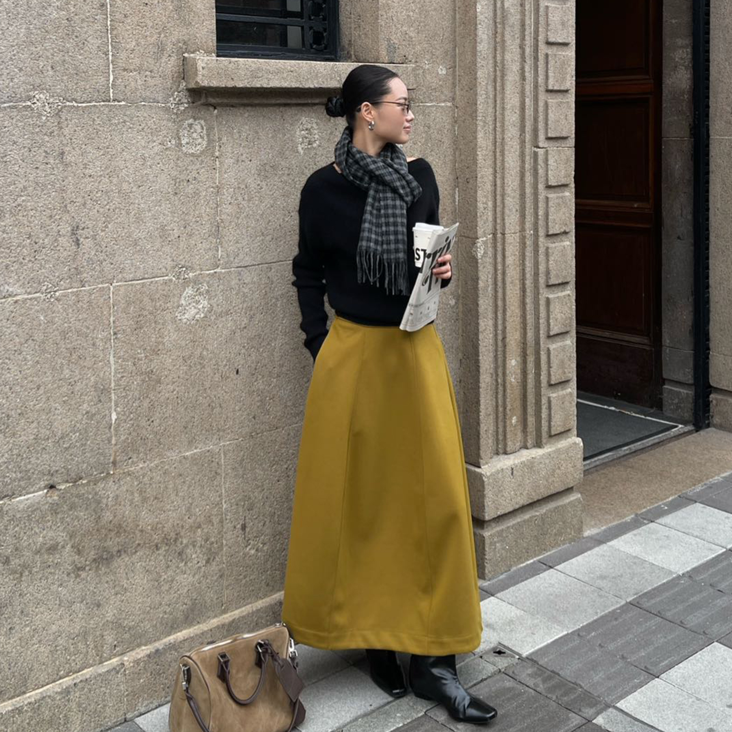 PURITY YH法式气质温柔加厚黄色花苞半身裙女冬秋高腰显瘦a字长裙