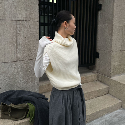PURITY叠穿白色高领针织衫毛衣内搭外穿宽松显瘦无袖马甲背心上衣