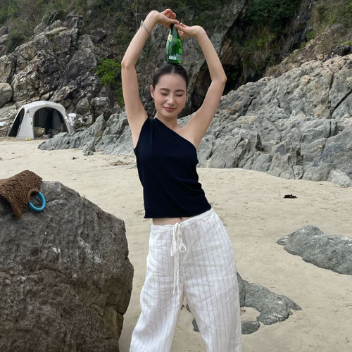 PURITY YH 小众简约单肩斜肩时尚吊带背心女显瘦不规则露肩小上衣