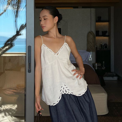 PURITYYH极简法式清凉干爽亚麻重工镂空刺绣度假宽松廓形吊带上衣