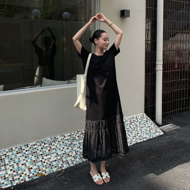 PURITYYH小众简约黑色圆领短袖拼接连衣裙女2025夏季新款鱼尾长裙