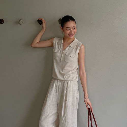PURITY 小众简约劳拉夫天丝亚麻休闲口袋无袖轻薄上衣2025夏背心