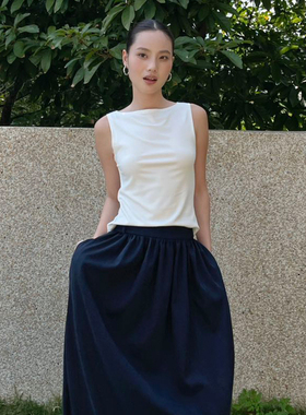 PURITY YH小众简约女纯色一字领修身T恤简约时尚通勤百搭无袖背心