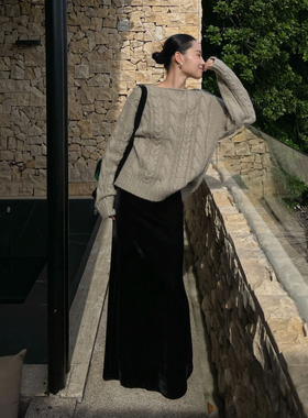 PURITYYH法式简约小众秋季松紧腰时尚鱼尾半裙洋气丝绒半身裙长裙