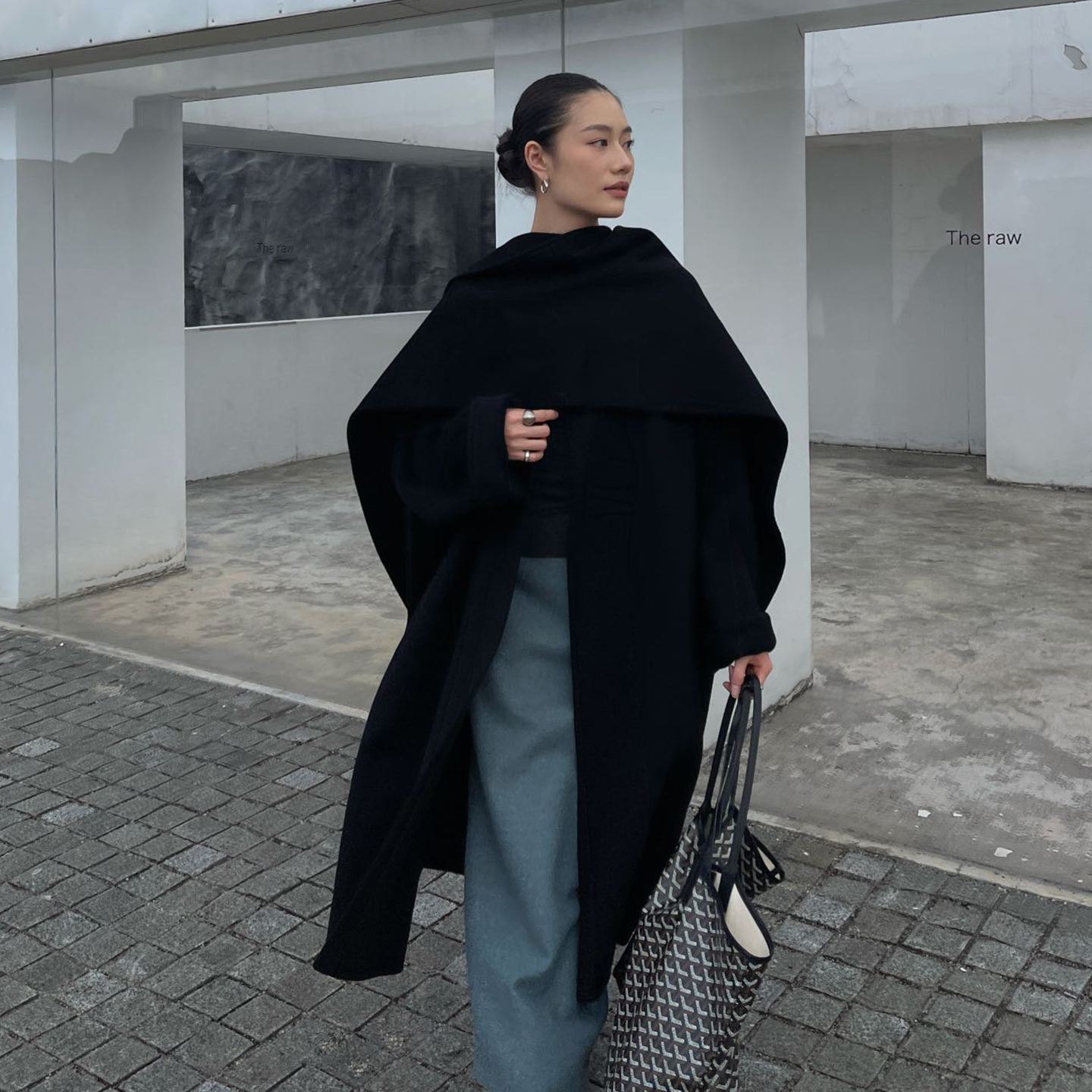 PURITYYH极简赫本风冬季毛呢外套带围巾气质时尚上衣百搭羊毛大衣