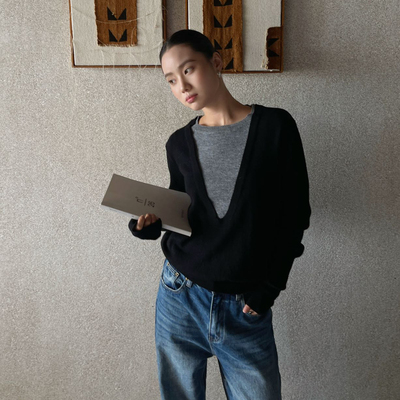 PURITY YH小众简约拼色假两件长袖上衣针织衫宽松百搭毛衣打底衫