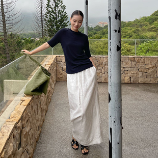 PURITY YH小众简约设计感白色松紧腰半身裙后开叉大气百搭裙子女