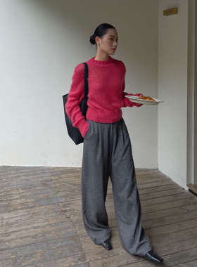 PURITY YH灰色羊毛休闲裤女秋新款宽松阔型直筒裤松弛感垂感裤子