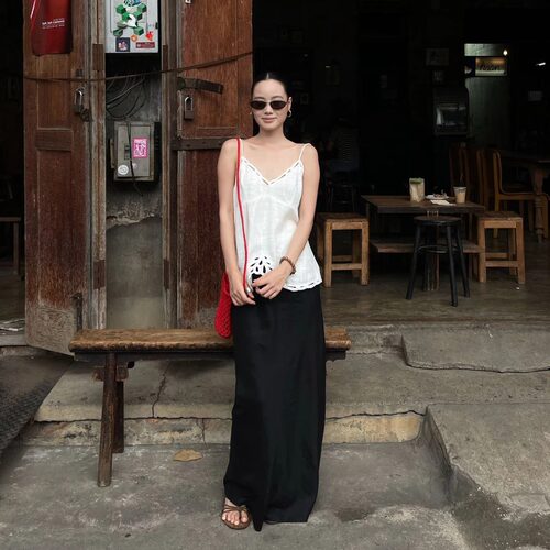 PURITY YR 小众简约黑色超显瘦松紧腰天丝亚麻遮胯直筒裙半身裙女