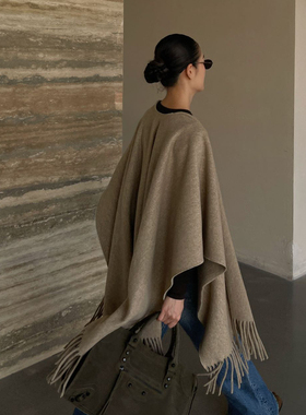 PURITYYH老钱风简约高级宽松流苏羊毛披肩斗篷百搭纯色大围巾外搭