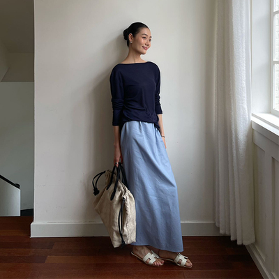 PURITY YH小众简约雾霾蓝休闲半身裙夏季遮胯后开叉显瘦百搭长裙