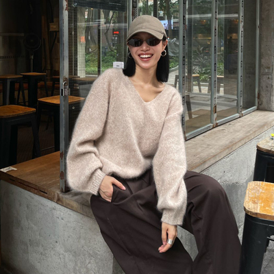 PURITY YH极简百搭时尚氛围感高弹马海羊上衣羊毛灯笼袖套头毛衣