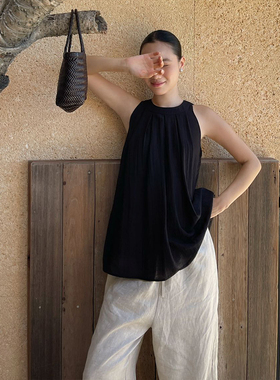 PURITY YH极简亚麻黑色无袖挂脖上衣女夏法式露肩娃娃衫吊带背心