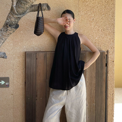 PURITY YH极简亚麻黑色无袖挂脖上衣女夏法式露肩娃娃衫吊带背心