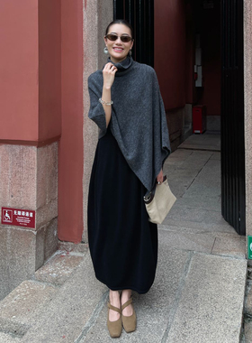 PURITYYH韩系秋冬休闲女风极简高领围巾披肩保暖针织羊毛毛衣斗篷