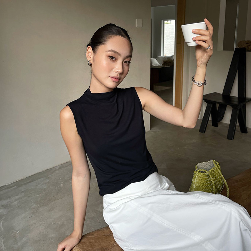 PURITYYH小众简约纯色半高领工字百搭背心女气质显身薄款外穿无袖