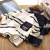 男童夏季 儿童纯棉圆领宽松上衣夏 半袖 短袖 T恤中大童条纹洋气薄款