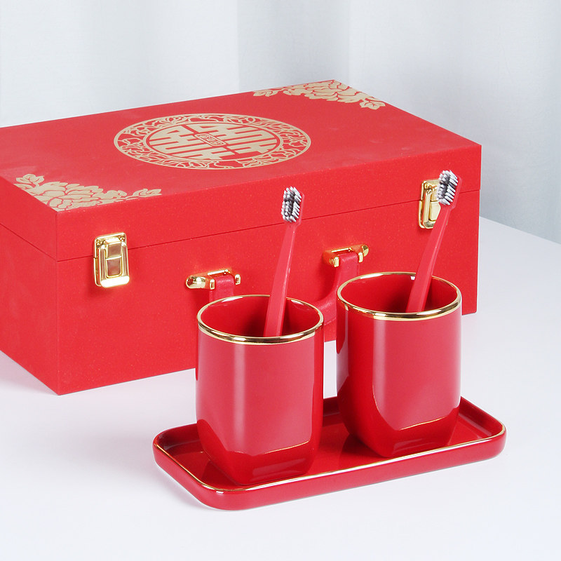 结婚牙刷杯子套装红色新人漱口杯一对陶瓷情侣洗漱杯牙杯婚庆礼品