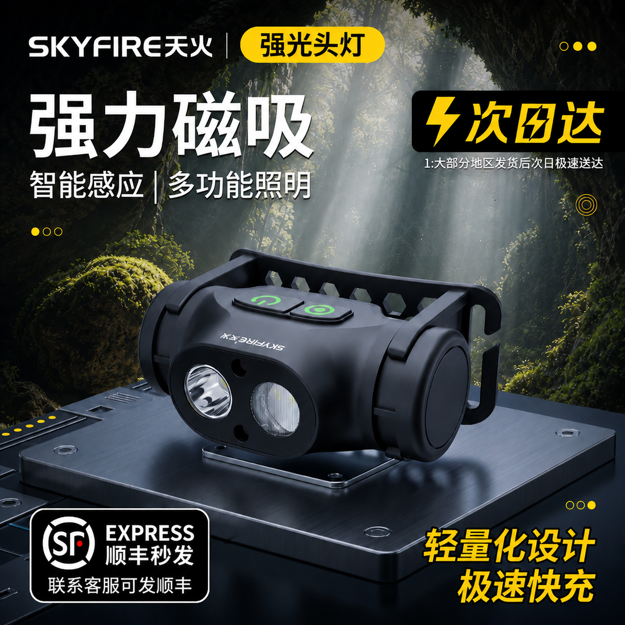 天火头灯强光充电超亮感应头戴式照明超长续航骑行钓鱼登山小矿灯