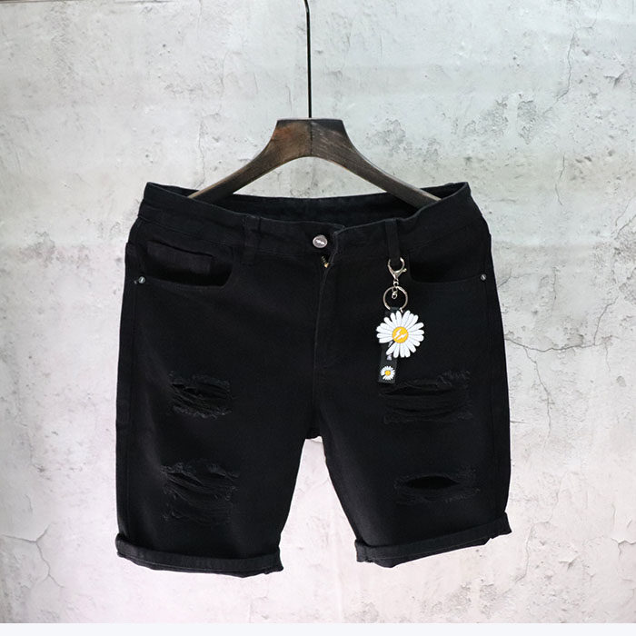 黑色日系潮牌男士夏季男士破洞牛仔五分短裤直筒休闲中裤社会小伙