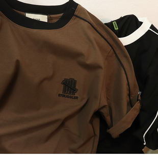 重磅设计感小众美式刺绣男装夏季T恤衫短袖上衣复古帅气潮流文乐