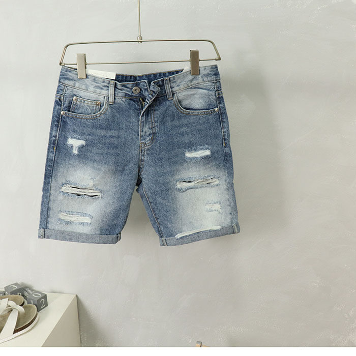 潮牌复古浅蓝色五分牛仔中裤破洞短裤时尚青年个性款高端裤男士夏