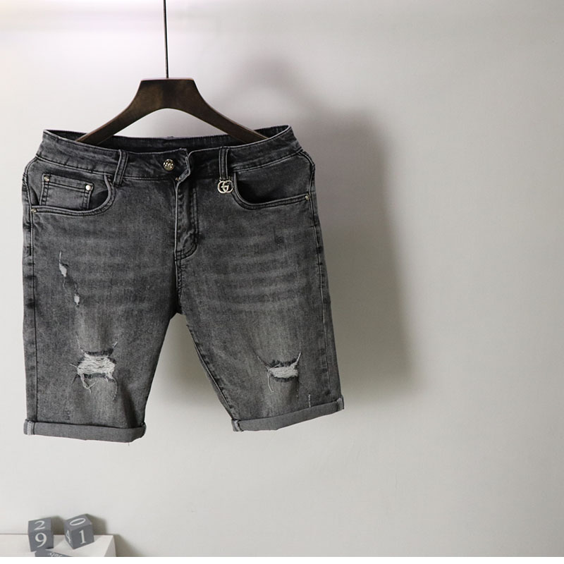 重磅 复古破洞男士夏装弹力修身牛仔中裤潮流小脚短裤复古五分裤