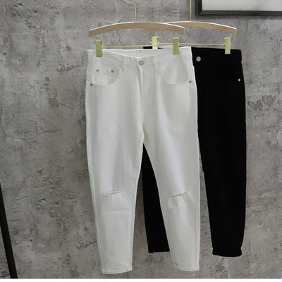 破洞九分弹力百搭白色青春小脚裤