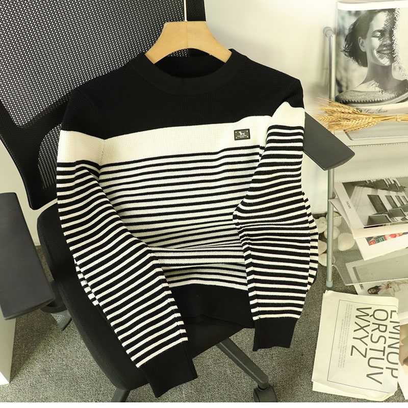 新款条纹男士秋冬装毛衣针织衫长袖套头流行保暖毛线上衣潮流