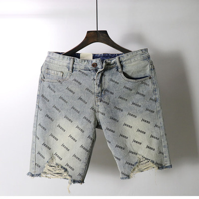 个性男士春夏牛仔中裤直筒休闲五分破洞短裤水洗韩版潮流马裤