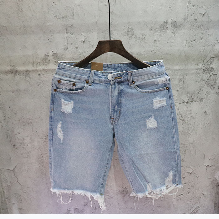 潮牌毛边欧美夏季男士牛仔破洞怀旧五分短裤浅蓝色中裤潮流休闲男