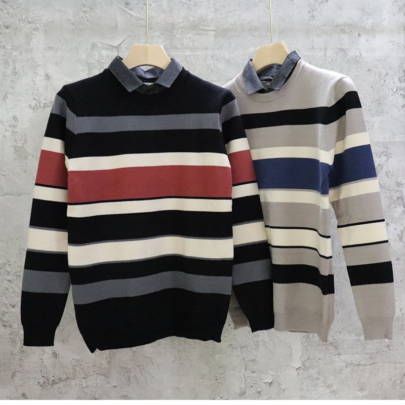 潮牌美式假两件秋冬英伦男士修身针织衫休闲毛衣拼接衬衫领外套男