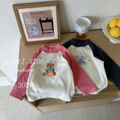 女宝宝洋气拼色长袖打底衫女童秋冬新款加厚不加绒上衣小熊插肩袖