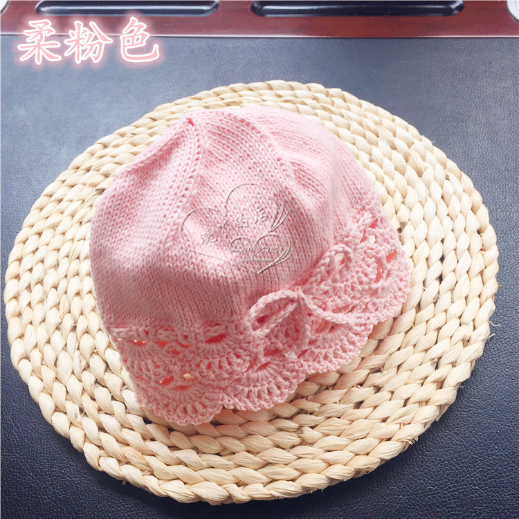 春秋薄款婴儿帽子手工编织纯棉线海浪花蝴蝶结女宝宝帽新生儿胎帽