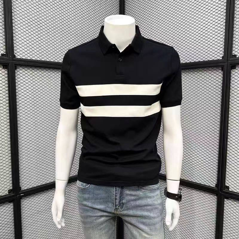 男士条纹拼色短袖polo衫夏季新款潮流休闲翻领T恤青年修身上衣服