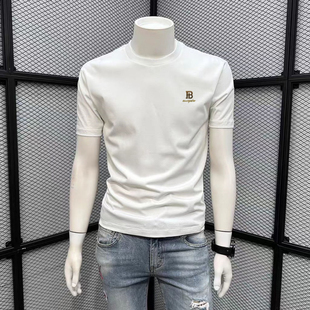 2025新款男士短袖T恤欧洲站白色简约青年圆领上衣服修身半截袖潮