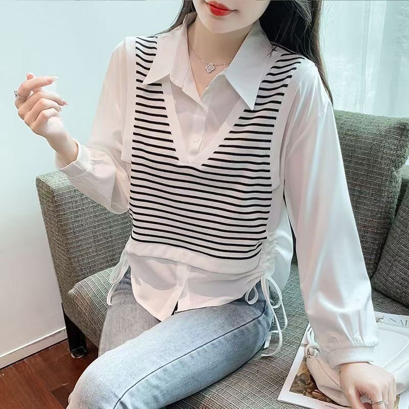 假两件条纹衬衫女春装2026年衬衫