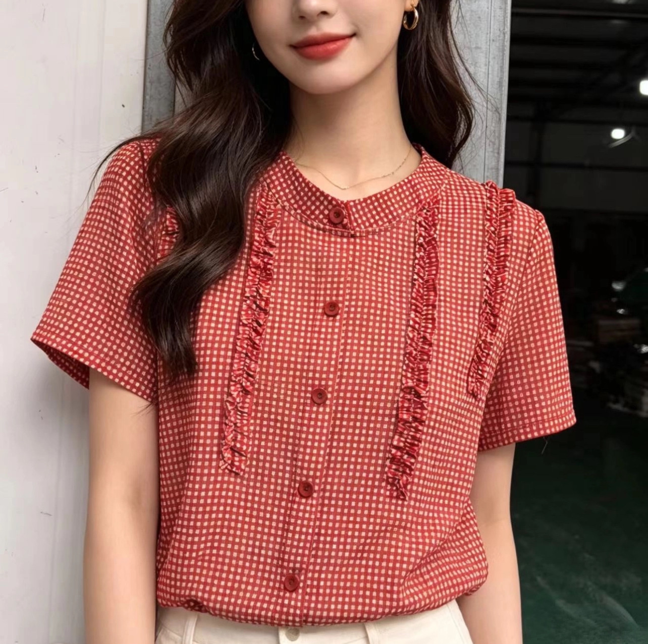 2026夏季格子短袖衬衫新款女衬衫