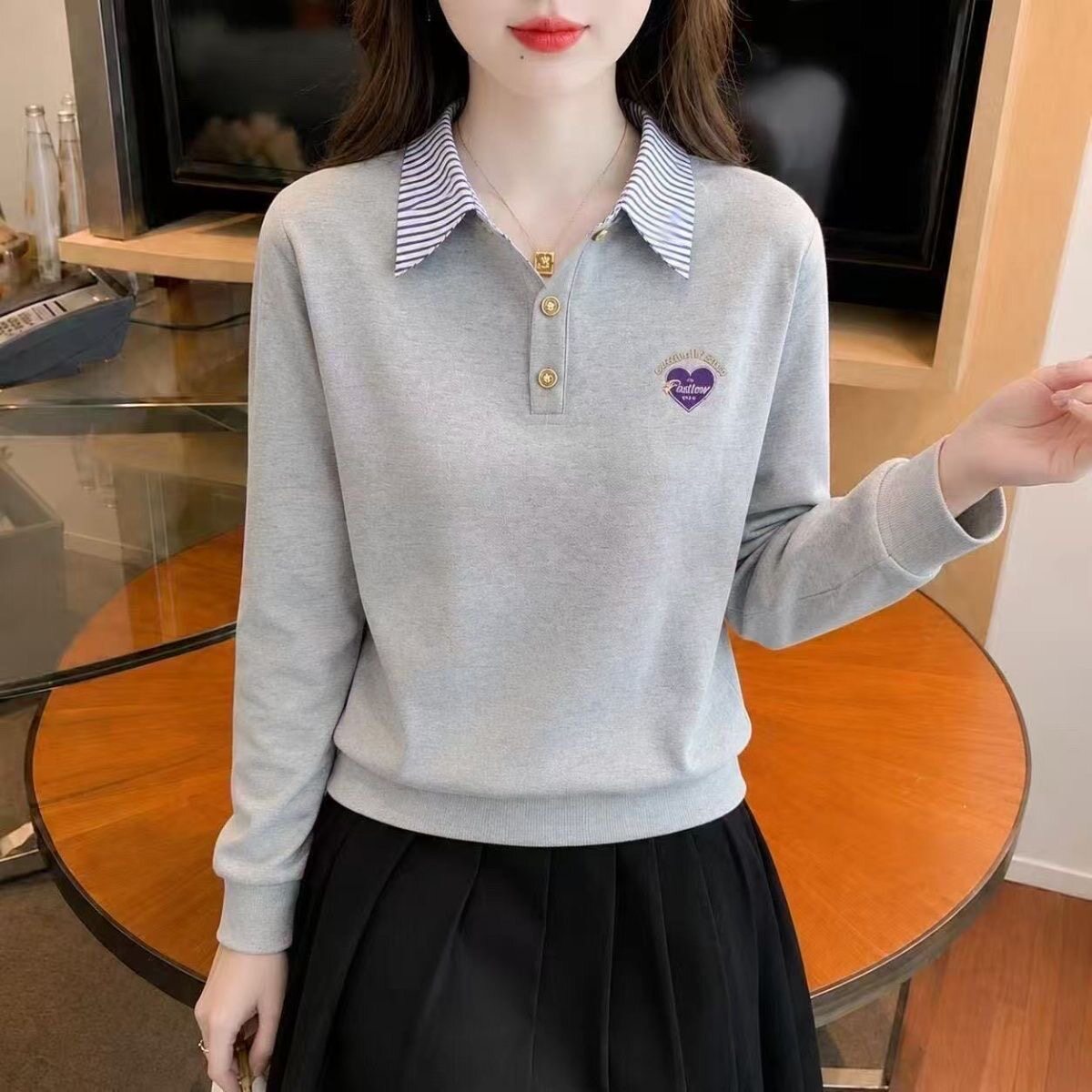 2026早秋装洋气减龄假两件Polo领上衣女薄款大码卫衣宽松长袖T恤