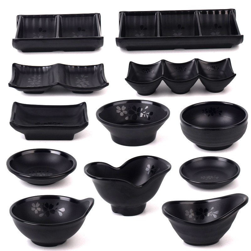 A5黑色磨砂印花餐具火锅酱料碟寿司芥末碟酱油碟二三格碟多格碟子