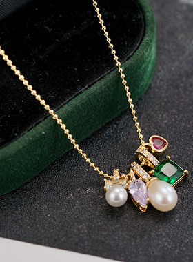 时尚潮流轻奢温柔名媛风精美小众设计珍珠锆石镶嵌多坠项链