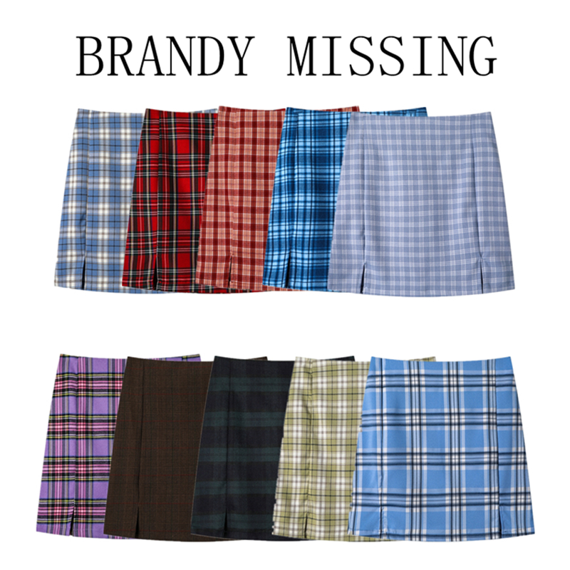 BrandyMelville娜扎同款bm高腰开叉包臀裙复古a字粉色格子半身裙