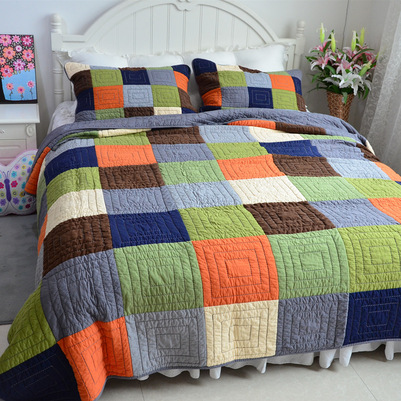 美式全棉拼布米粒绣外单绗缝被